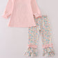 Pink floral print bow applique ruffle romper