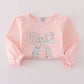 Pink floral print bow applique ruffle romper