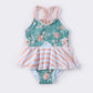Teal floral print girl one-piece swimsuit