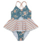 Teal floral print girl one-piece swimsuit