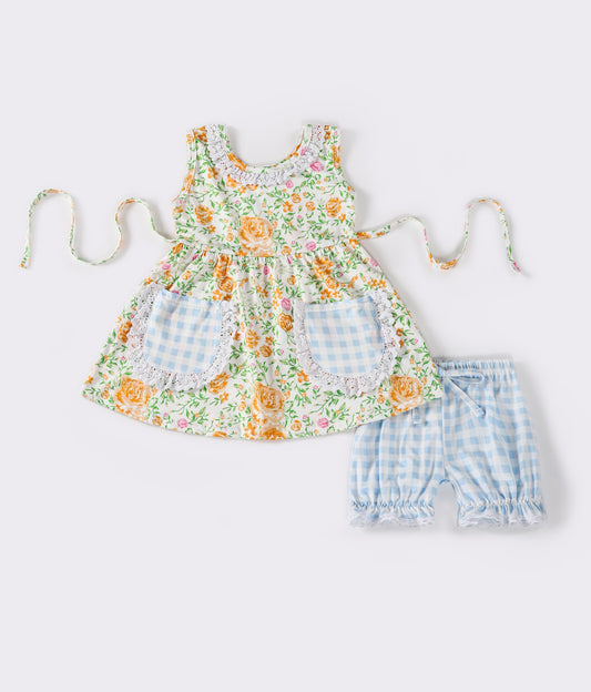 Yellow floral plaid girl shorts set