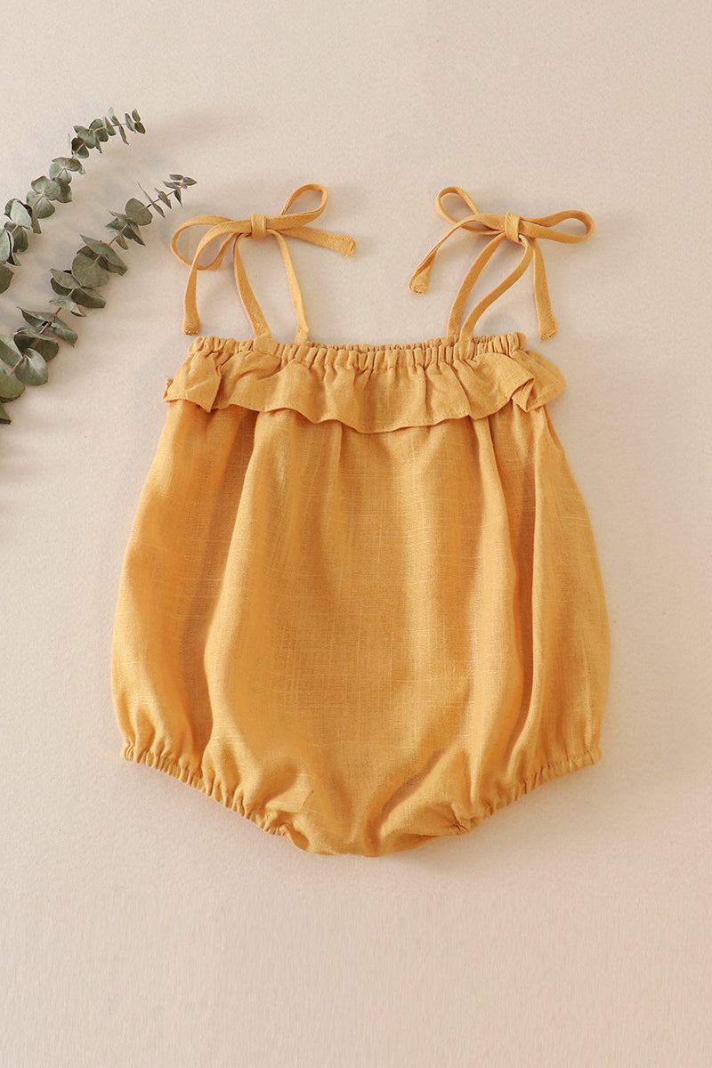 Mustard strap ruffle linen girl bubble