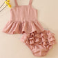 Pink linen ruffle 2pc baby set