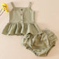 Green linen ruffle 2pc baby set