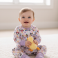 Premium purple character print checkered bamboo romper