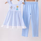 Premium blue snowman embroidery gingham ruffle pants set