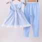 Premium blue snowman embroidery gingham ruffle pants set