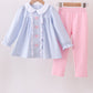 Premium blue stripe bow embroidery pants set