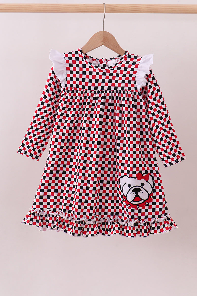 Checkered Georgia dog applique ruffle dress