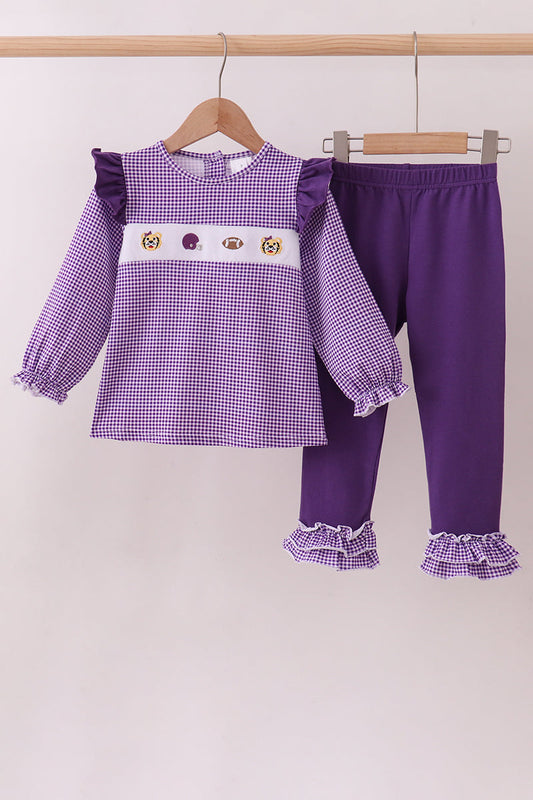 Premium Purple LSU tiger football embroideyr gingham ruffle pants set