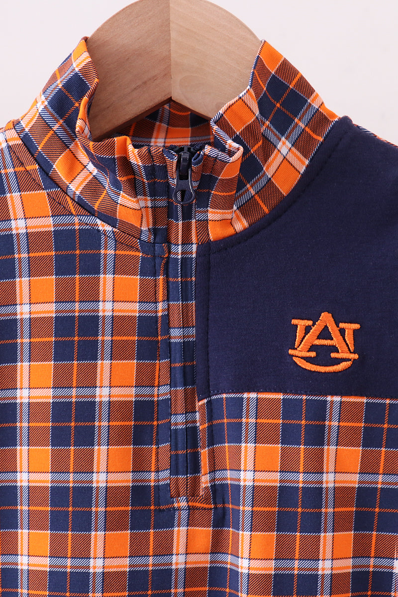 Premium Navy Auburn embroidery plaid top