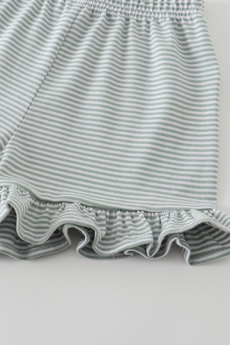 Premium Sage & white stripe basic ruffle shorts