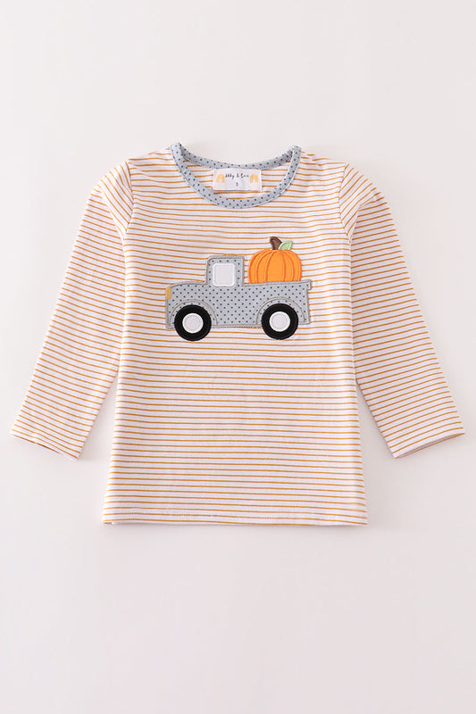 Premium Beige stripe truck pumpkin applique top