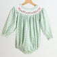 Green bow tie hand smocked gingham girl bubble