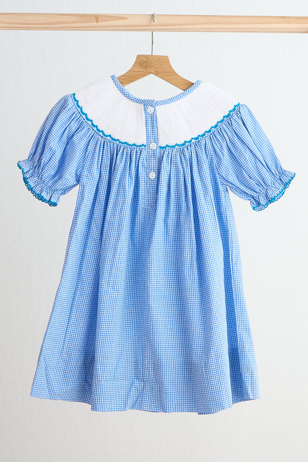 Blue snow princess hand smocked gingham dress