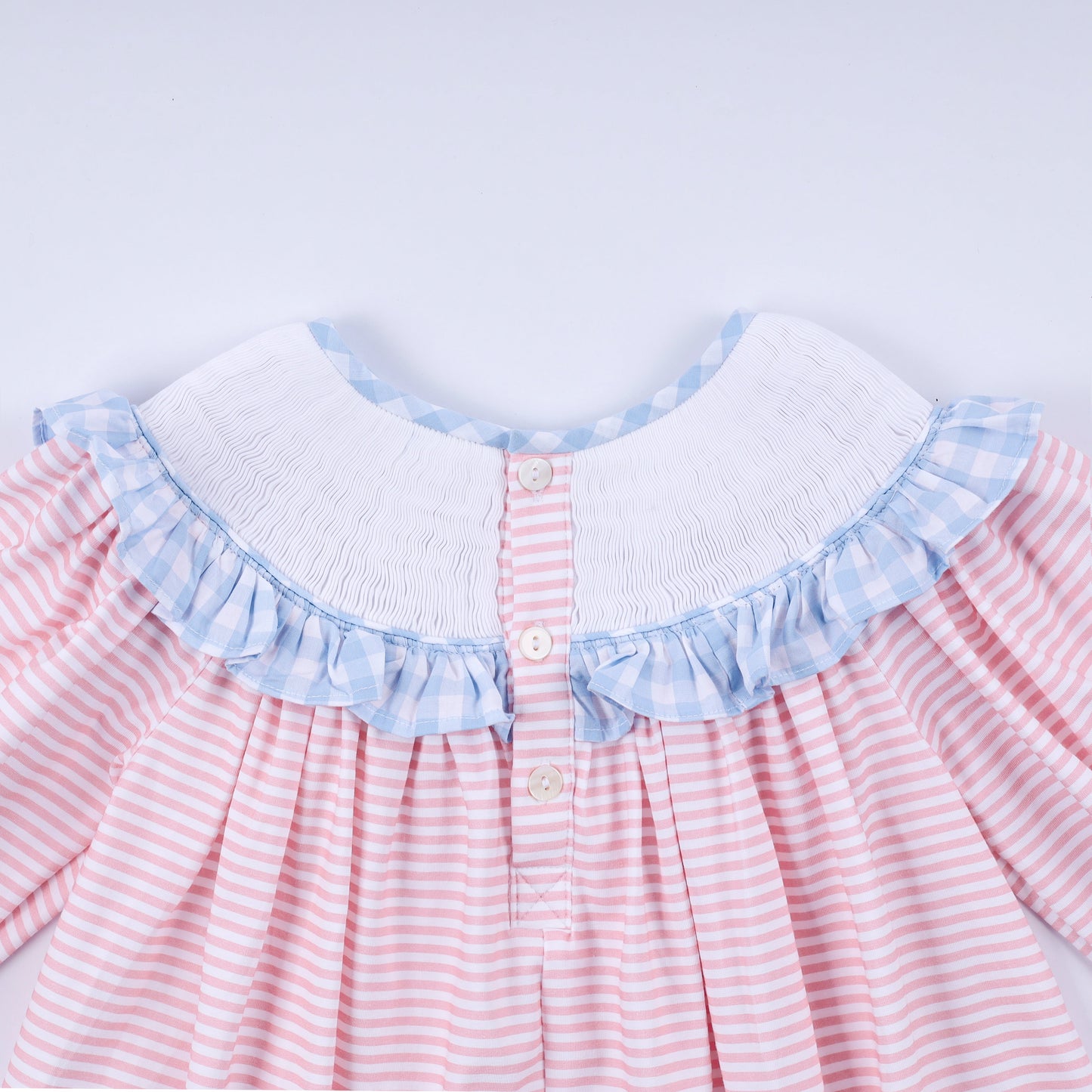 Pink candy cane bow hand smocked ruffle dress