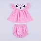 Pink character hand smocked dot ruffle bloomer set