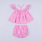 Pink character hand smocked dot ruffle bloomer set