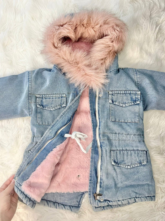 Denim Fur-Lined Hooded Jacket – Blue & Pink