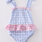 Blue seersucker gingham one-piece girl swimsuit