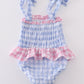 Blue seersucker gingham one-piece girl swimsuit