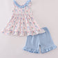 Blue floral bow ruffle shorts set