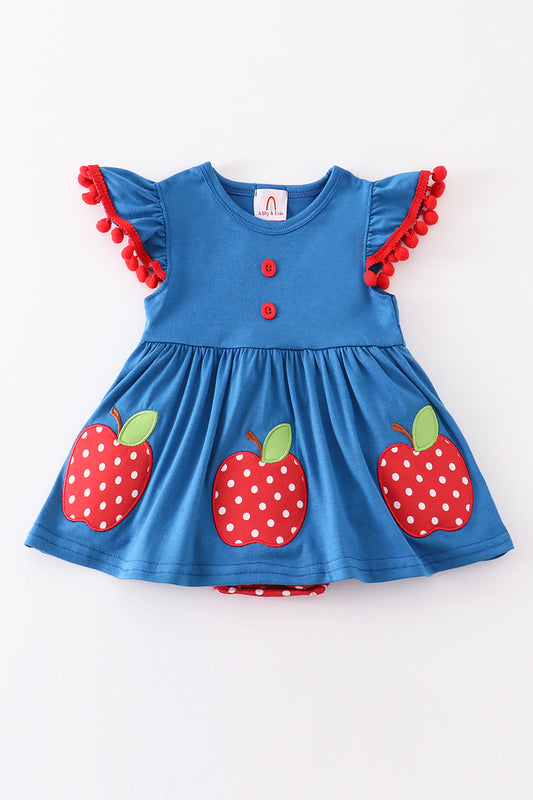 Blue apple applique back to school girl bubble