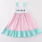 Pink tractor embroidery plaid dress