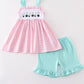 Pink tractor embroidery plaid girl set