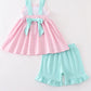 Pink tractor embroidery plaid girl set