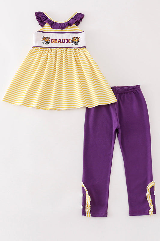 Purple gold stripe GEAUX embroidery girl set