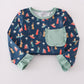 Navy nativity print ruffle pants set