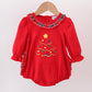 Red tree embroidery plaid ruffle bubble