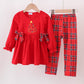 Red tree embroidery plaid bow pants set