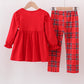 Red tree embroidery plaid bow pants set