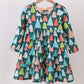 Green tree print ruffle dress