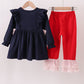 Navy christmas santa cookie milk embroidery ruffle pants set