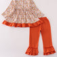 Rust flroal print deer embroidery ruffle pants set