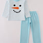 Blue snowman embroidery stripe pants set