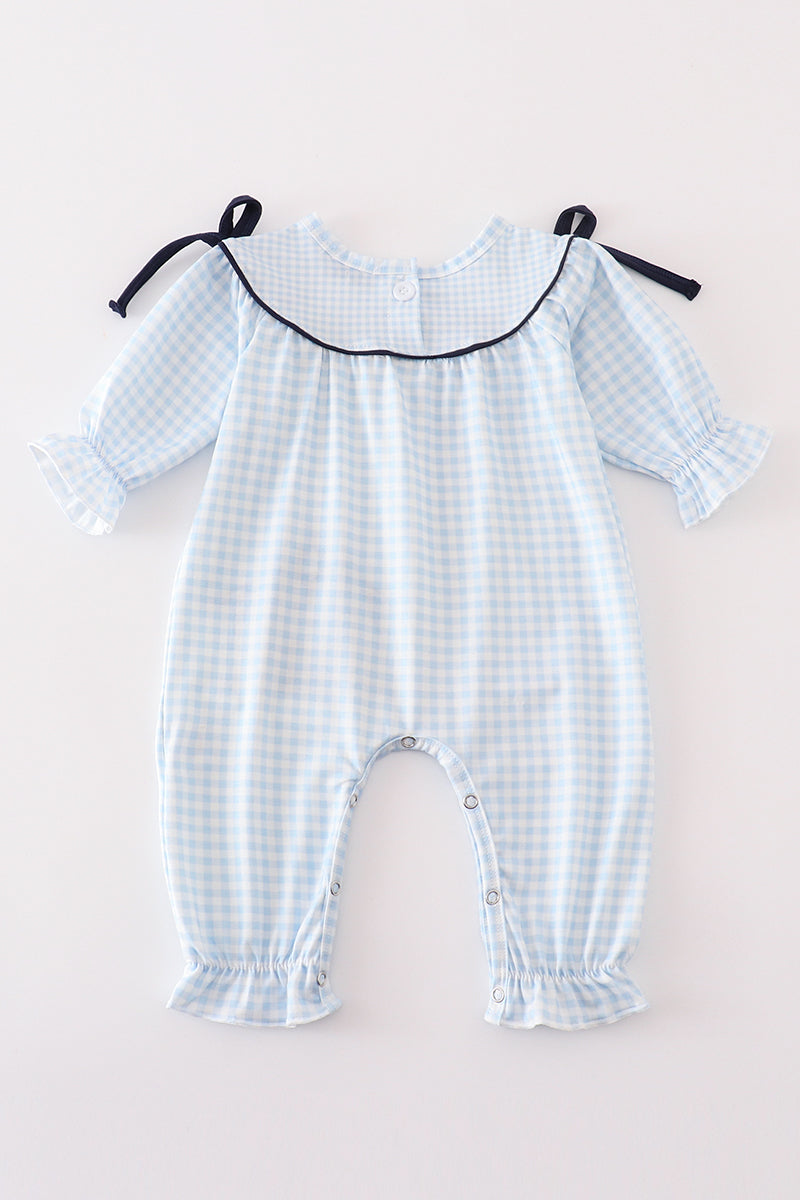 Navy nativity embroidery gingham girl romper