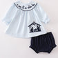 Navy nativity embroidery gingham girl bloomer set