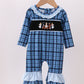 Navy nativity embroidery plaid ruffle romper