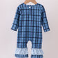 Navy nativity embroidery plaid ruffle romper