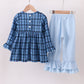 Navy nativity embroidery plaid ruffle pants set