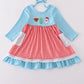 Blue deer tree santa embroidery ruffle dress