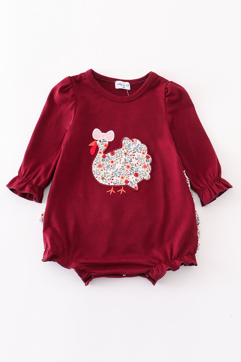 Maroon thanksgiving turkey applique floral girl bubble