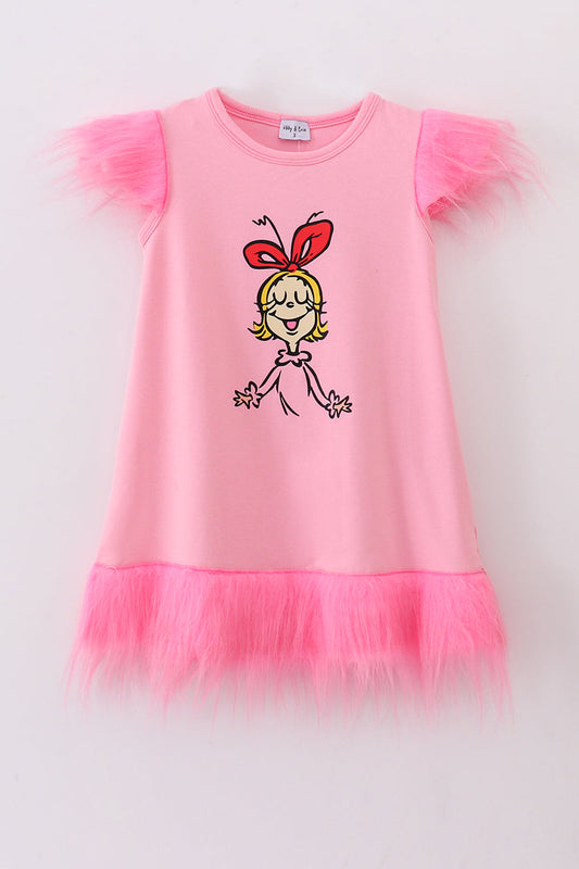 Pink character print girl dress