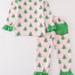 Green christmas tree print ruffle girl pajamas set