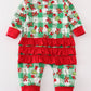 Green grinch print plaid ruffle zip girl romper