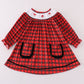 Red christmas santa embroidery smocked plaid bishop dress